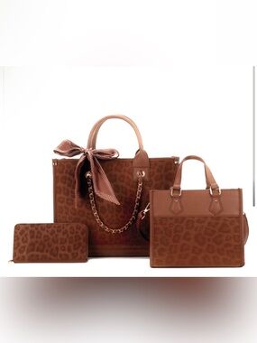 Brown 4n1 Leopard-Print Tote Handbag Set - with wallet ,scarf and mini bag